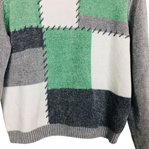 Alfred Dunner Vtg Patchwork Sweater Petite Large Acrylic Chenille Green Gray - Picture 4 of 10